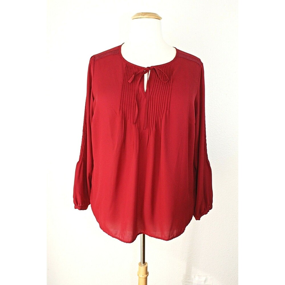ROZ & ALI Peasant BOHO Top Plus 2X Burgundy Lace Trim LS Cottagecore Casual #02